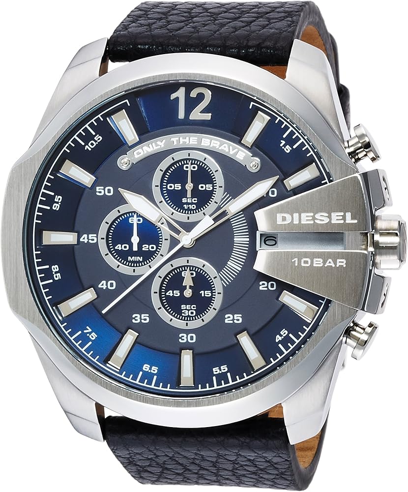 Diesel DZ4423 Mega Chief Chronograph Men's Watch – Blue Dial & Black Leather Strap