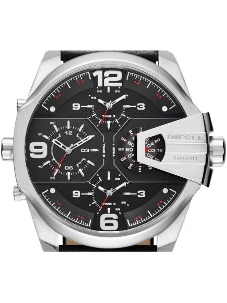 Diesel DZ7376 Uber Chief Oversized 4-Time Men's Watch – Black Dial & Black Leather Strap